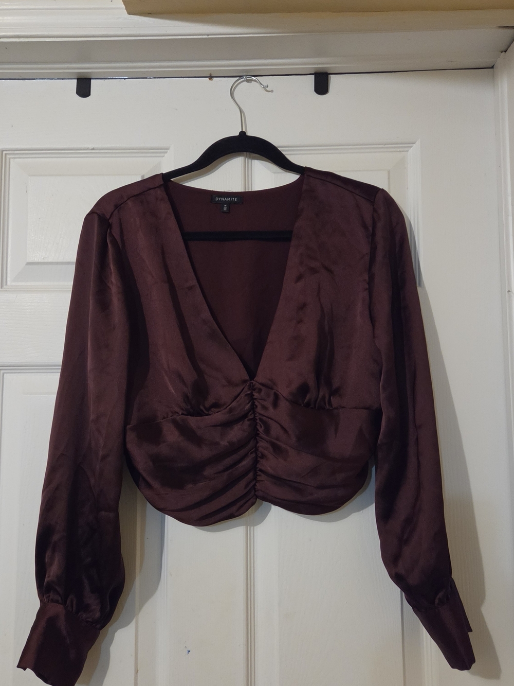 Dynamite Deep Burgundy Satin Ruched V-Neck Blouse